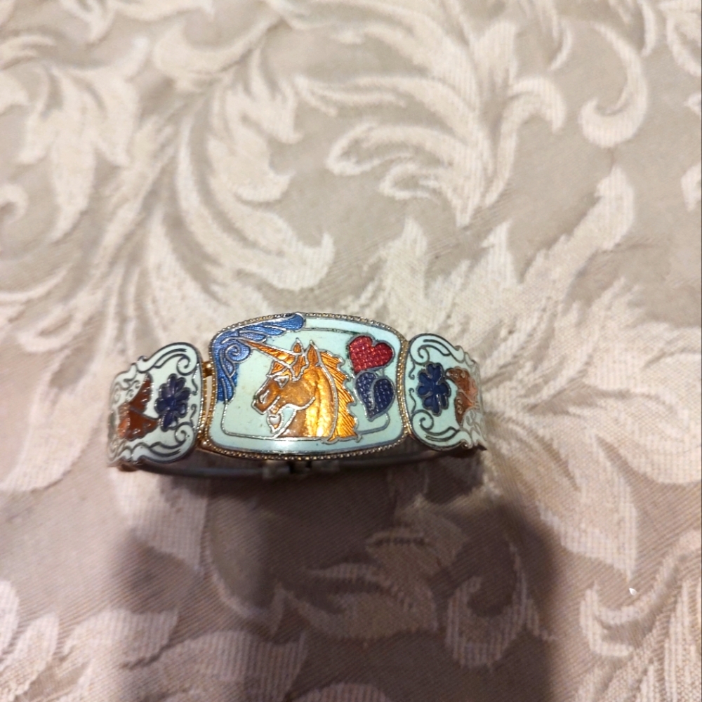 💙🦄💙Glorious 80's RARE Vintage Enameled Unicorn & Floral Hinge Bangle Bracelet - Picture 12 of 14